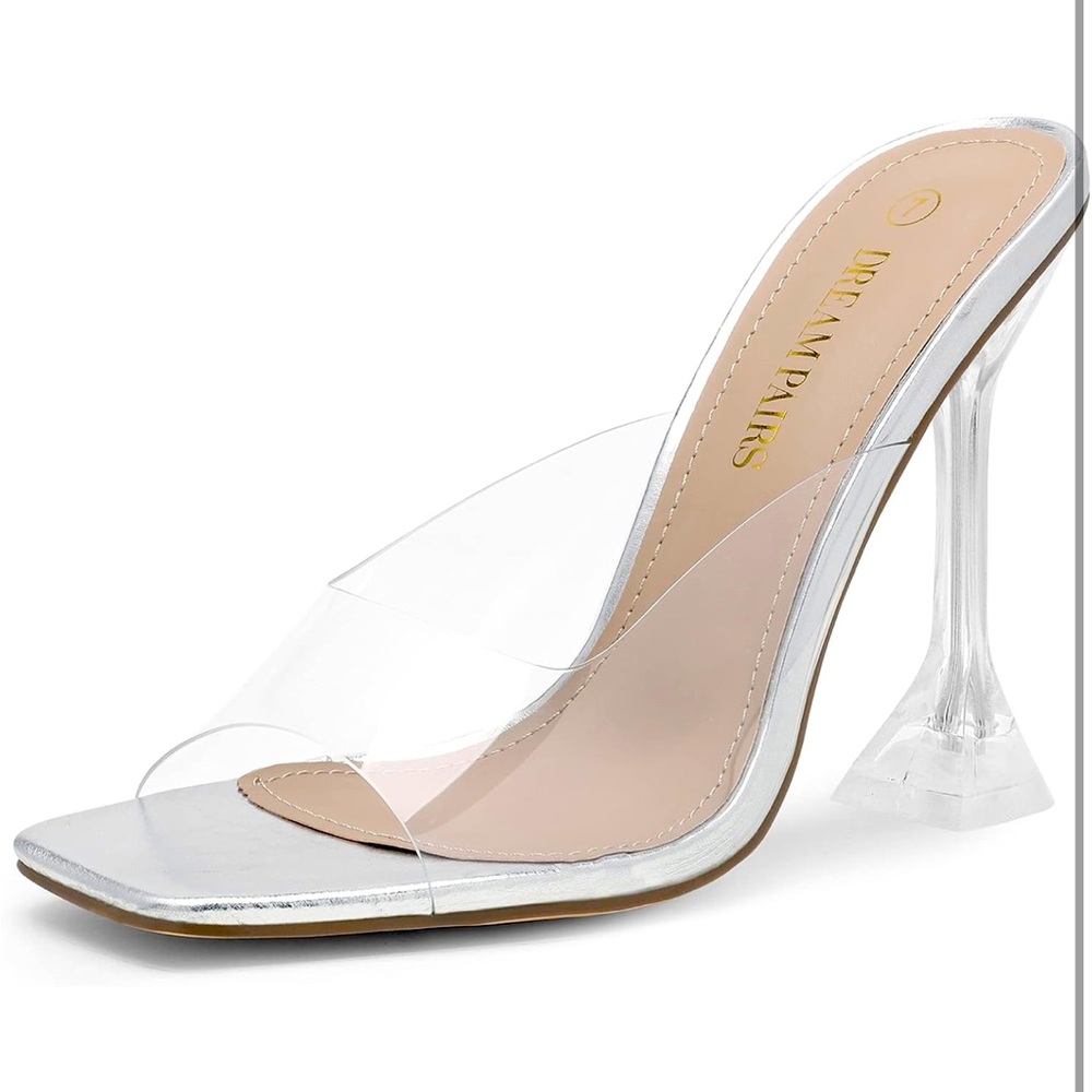 DREAM PAIRS Women’s Clear Heels Square Toe High Stiletto Mules Slip on Wedding